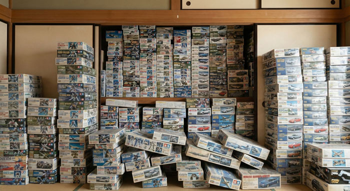 押し入れや倉庫に積み上がったプラモデルの箱